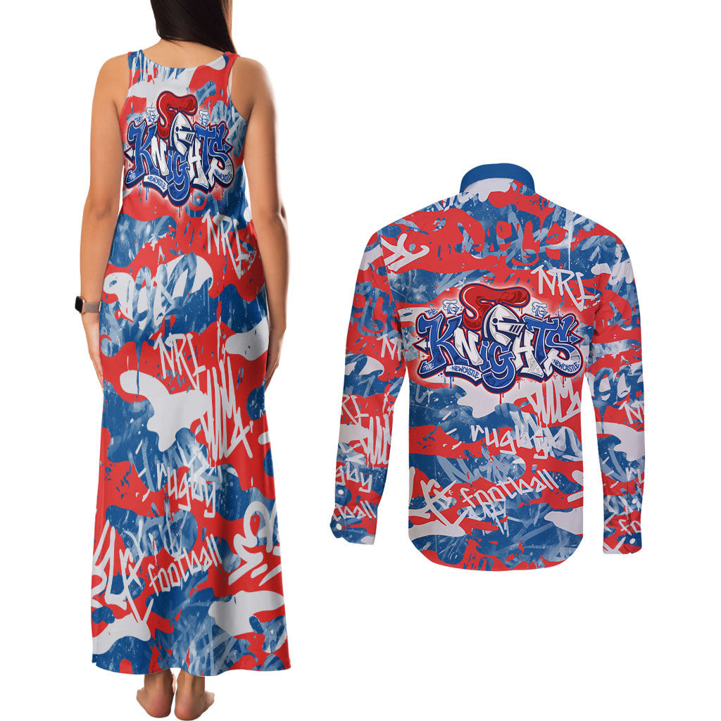Newcastle Knights Rugby Couples Matching Tank Maxi Dress and Long Sleeve Button Shirt Graffiti Typography Urban Camo Abstract Street Style
