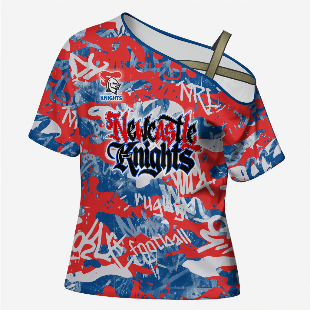 Newcastle Knights Rugby Cross Shoulder Shirt Graffiti Typography Urban Camo Abstract Street Style
