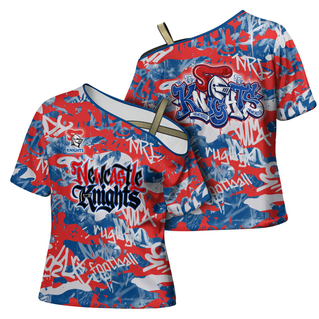 Newcastle Knights Rugby Cross Shoulder Shirt Graffiti Typography Urban Camo Abstract Street Style