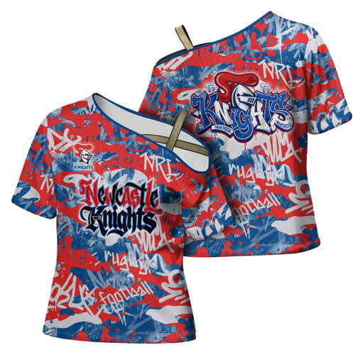 Newcastle Knights Rugby Cross Shoulder Shirt Graffiti Typography Urban Camo Abstract Street Style