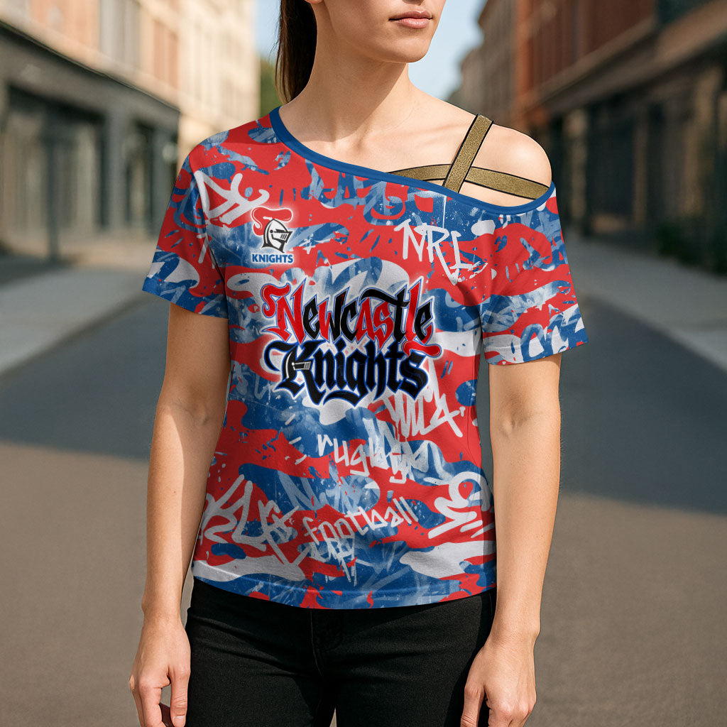Newcastle Knights Rugby Cross Shoulder Shirt Graffiti Typography Urban Camo Abstract Street Style