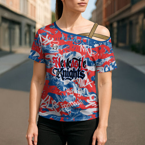 Newcastle Knights Rugby Cross Shoulder Shirt Graffiti Typography Urban Camo Abstract Street Style