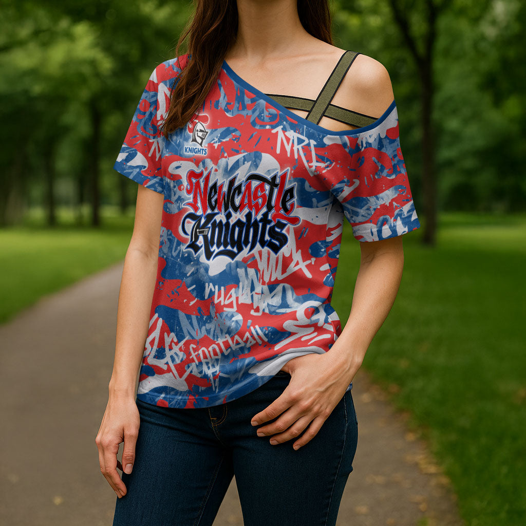 Newcastle Knights Rugby Cross Shoulder Shirt Graffiti Typography Urban Camo Abstract Street Style