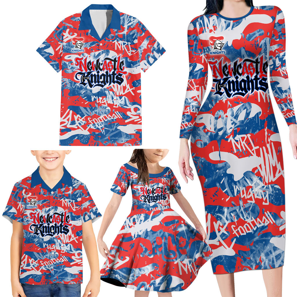 Newcastle Knights Rugby Family Matching Long Sleeve Bodycon Dress and Hawaiian Shirt Graffiti Typography Urban Camo Abstract Street Style