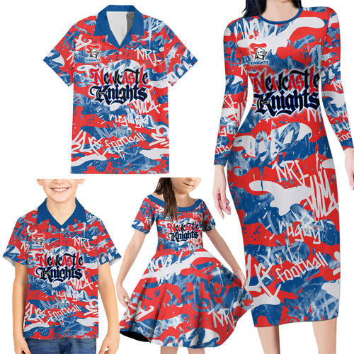 Newcastle Knights Rugby Family Matching Long Sleeve Bodycon Dress and Hawaiian Shirt Graffiti Typography Urban Camo Abstract Street Style