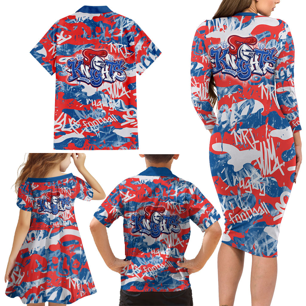 Newcastle Knights Rugby Family Matching Long Sleeve Bodycon Dress and Hawaiian Shirt Graffiti Typography Urban Camo Abstract Street Style