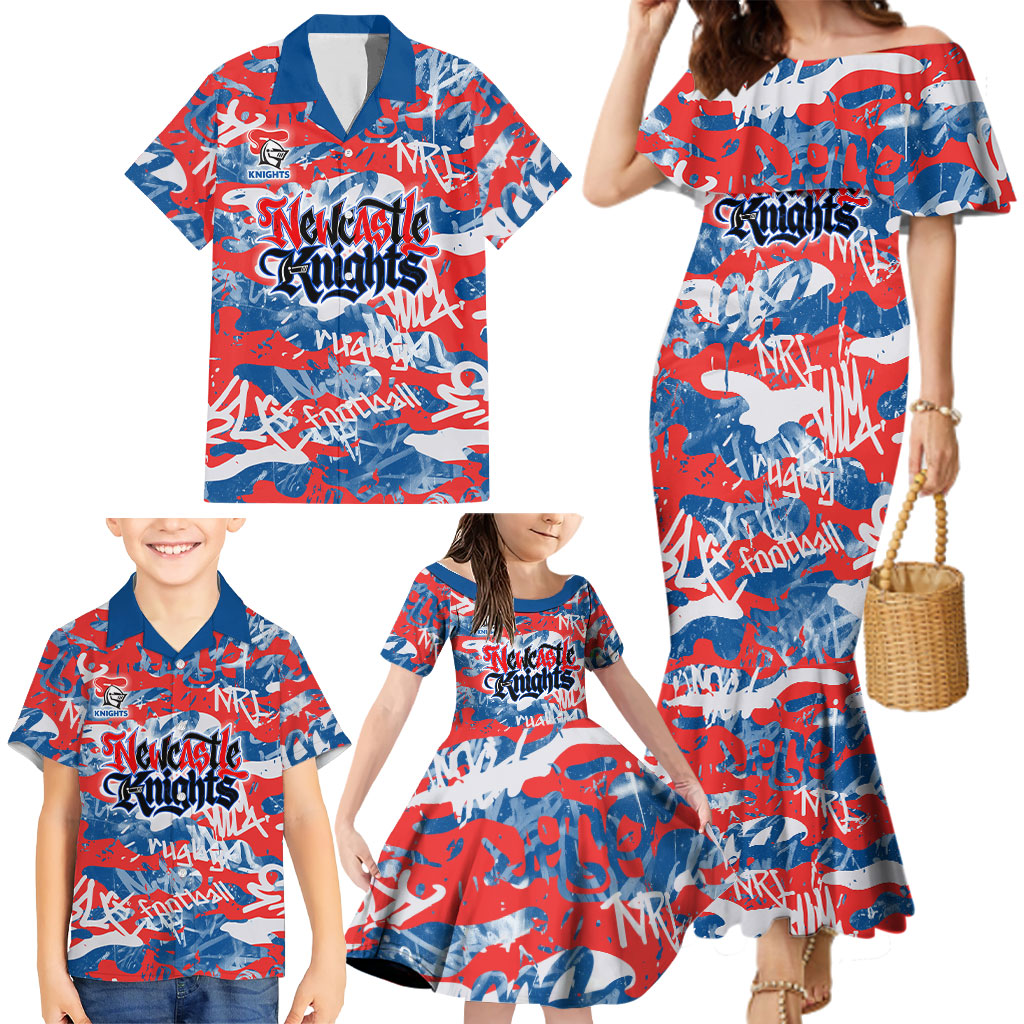 Newcastle Knights Rugby Family Matching Mermaid Dress and Hawaiian Shirt Graffiti Typography Urban Camo Abstract Street Style