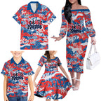 Newcastle Knights Rugby Family Matching Off The Shoulder Long Sleeve Dress and Hawaiian Shirt Graffiti Typography Urban Camo Abstract Street Style