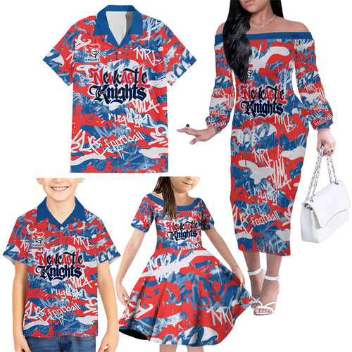 Newcastle Knights Rugby Family Matching Off The Shoulder Long Sleeve Dress and Hawaiian Shirt Graffiti Typography Urban Camo Abstract Street Style