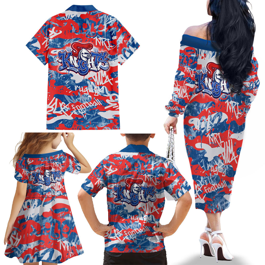 Newcastle Knights Rugby Family Matching Off The Shoulder Long Sleeve Dress and Hawaiian Shirt Graffiti Typography Urban Camo Abstract Street Style
