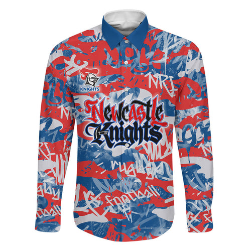 Newcastle Knights Rugby Family Matching Off The Shoulder Long Sleeve Dress and Hawaiian Shirt Graffiti Typography Urban Camo Abstract Street Style