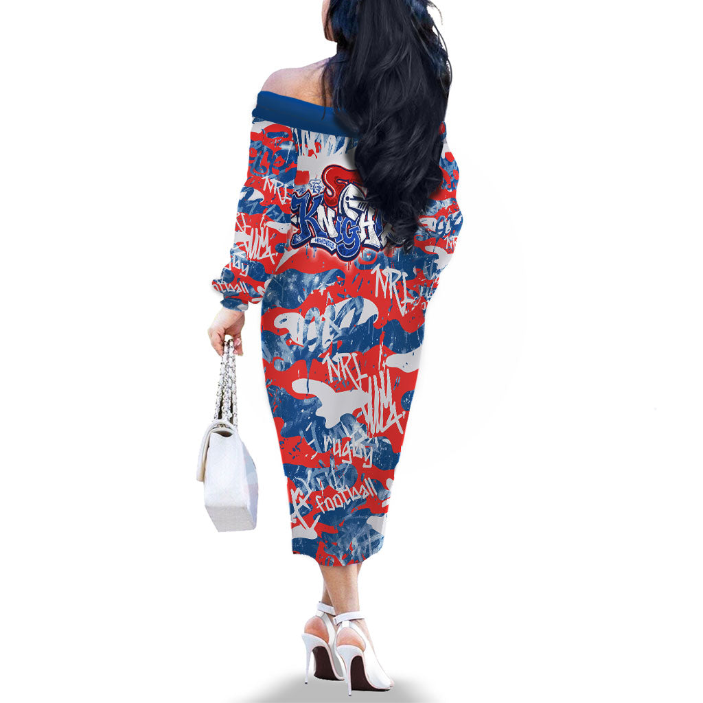 Newcastle Knights Rugby Family Matching Off The Shoulder Long Sleeve Dress and Hawaiian Shirt Graffiti Typography Urban Camo Abstract Street Style