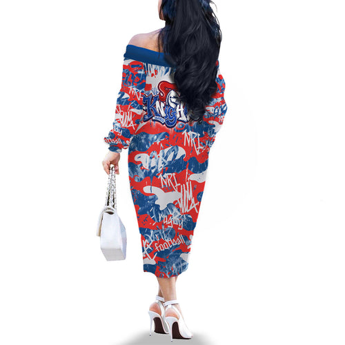 Newcastle Knights Rugby Family Matching Off The Shoulder Long Sleeve Dress and Hawaiian Shirt Graffiti Typography Urban Camo Abstract Street Style