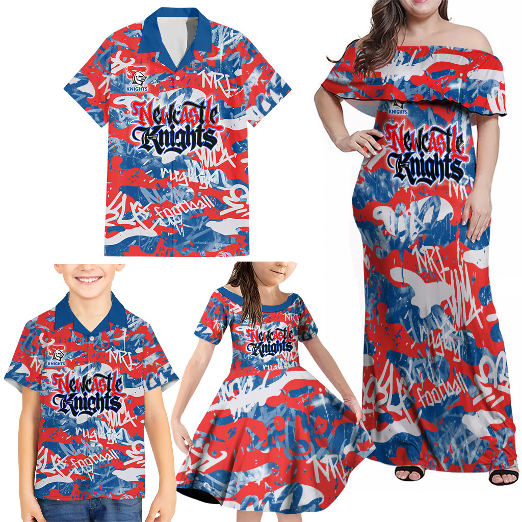 Newcastle Knights Rugby Family Matching Off Shoulder Maxi Dress and Hawaiian Shirt Graffiti Typography Urban Camo Abstract Street Style