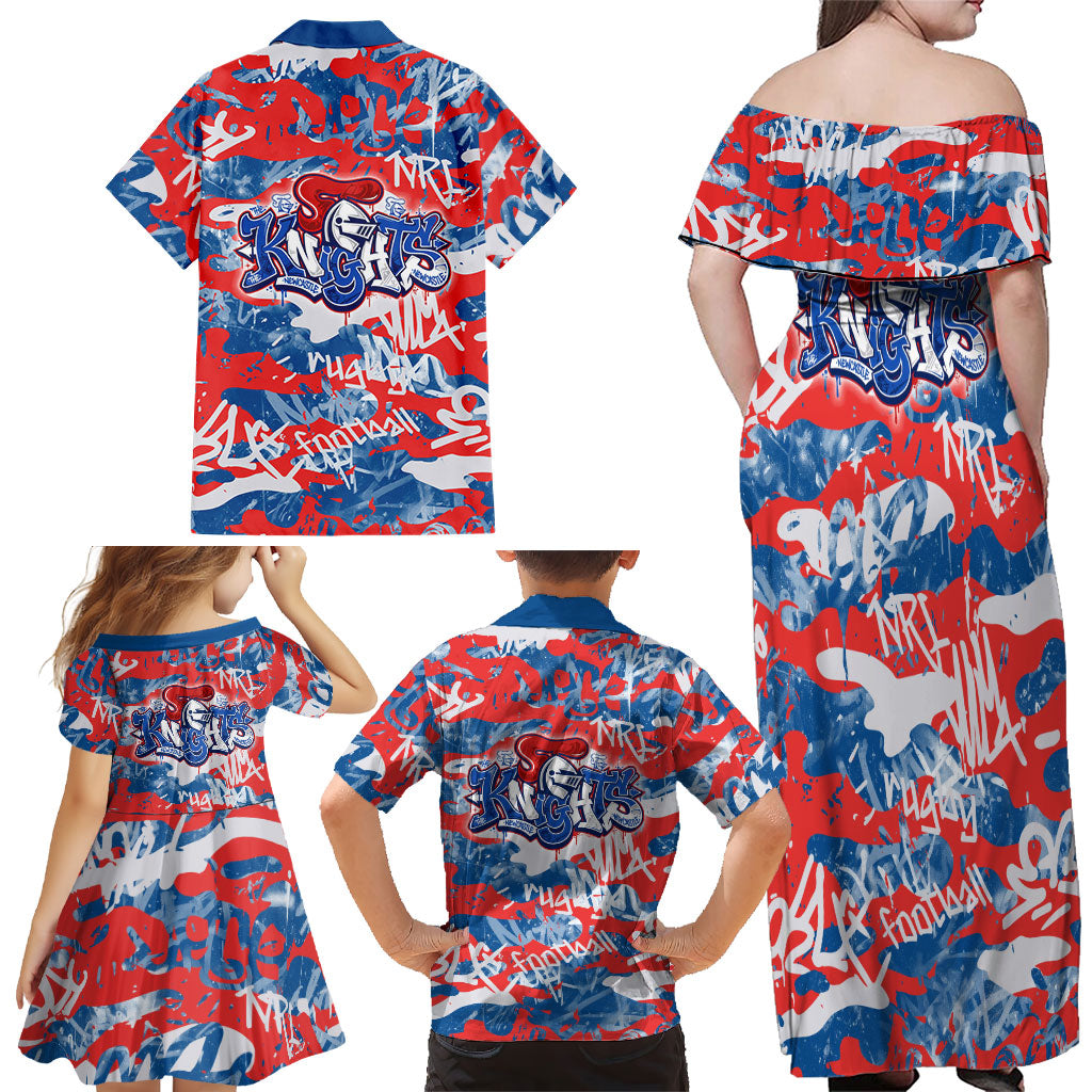 Newcastle Knights Rugby Family Matching Off Shoulder Maxi Dress and Hawaiian Shirt Graffiti Typography Urban Camo Abstract Street Style