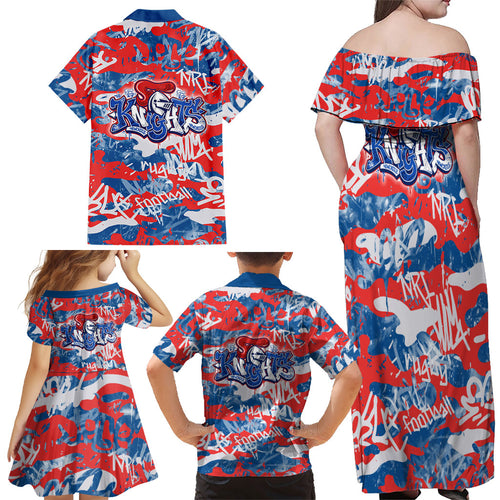 Newcastle Knights Rugby Family Matching Off Shoulder Maxi Dress and Hawaiian Shirt Graffiti Typography Urban Camo Abstract Street Style