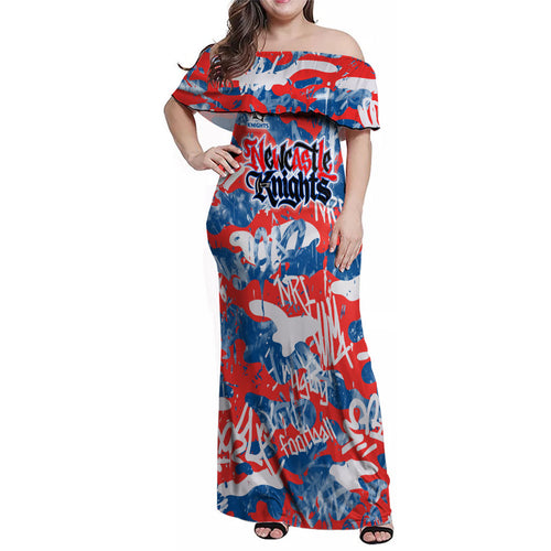 Newcastle Knights Rugby Family Matching Off Shoulder Maxi Dress and Hawaiian Shirt Graffiti Typography Urban Camo Abstract Street Style