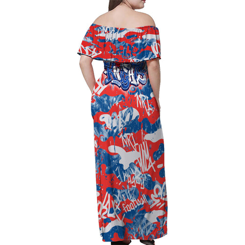 Newcastle Knights Rugby Family Matching Off Shoulder Maxi Dress and Hawaiian Shirt Graffiti Typography Urban Camo Abstract Street Style
