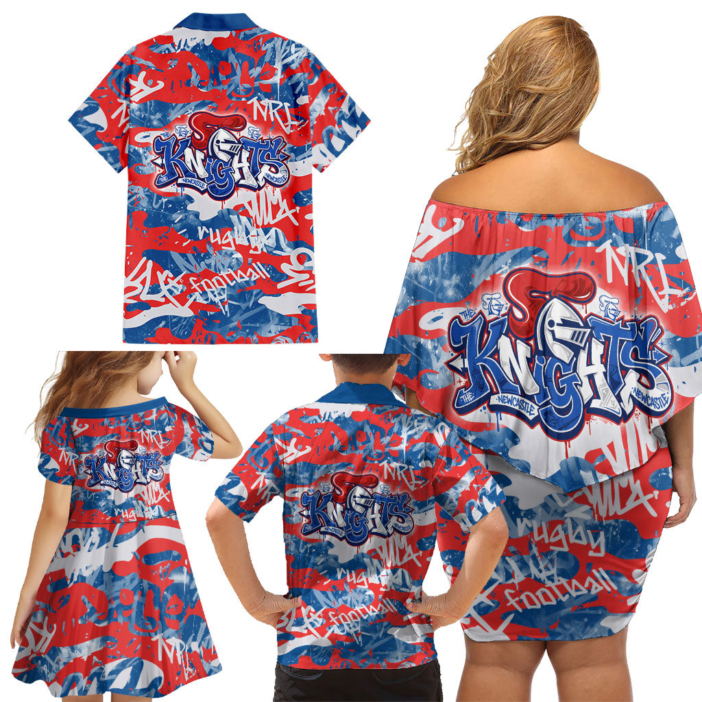 Newcastle Knights Rugby Family Matching Off Shoulder Short Dress and Hawaiian Shirt Graffiti Typography Urban Camo Abstract Street Style