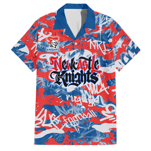 Newcastle Knights Rugby Family Matching Off Shoulder Short Dress and Hawaiian Shirt Graffiti Typography Urban Camo Abstract Street Style