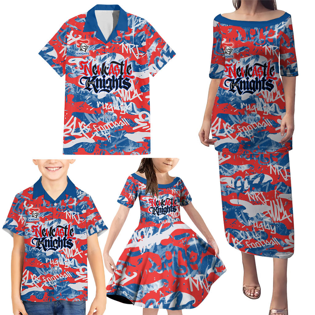 Newcastle Knights Rugby Family Matching Puletasi and Hawaiian Shirt Graffiti Typography Urban Camo Abstract Street Style