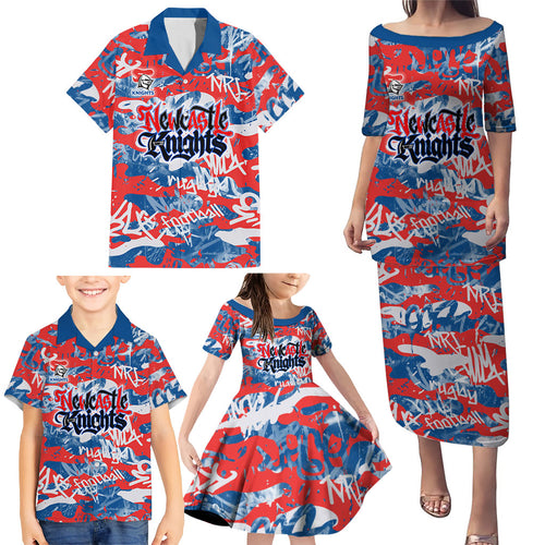 Newcastle Knights Rugby Family Matching Puletasi and Hawaiian Shirt Graffiti Typography Urban Camo Abstract Street Style