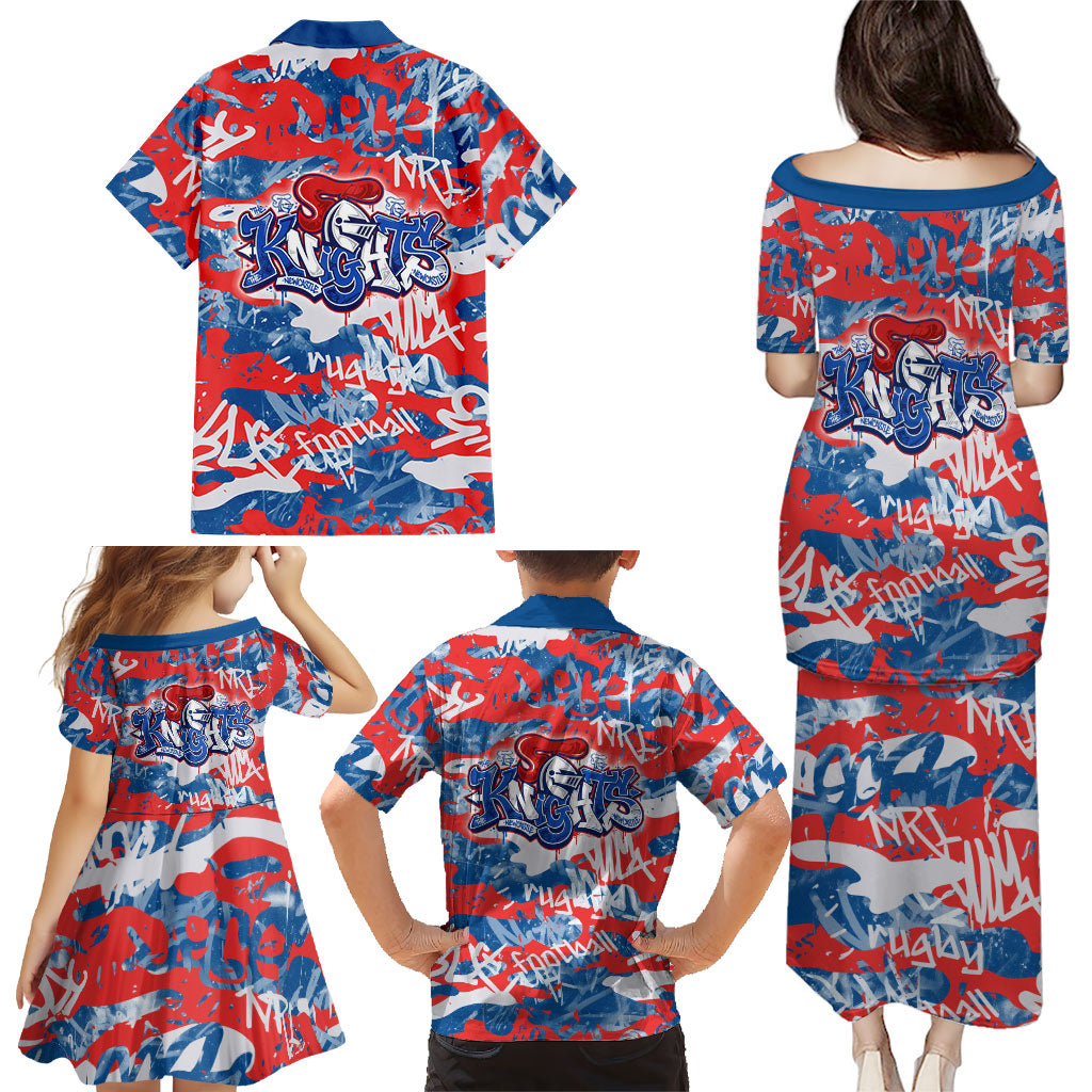 Newcastle Knights Rugby Family Matching Puletasi and Hawaiian Shirt Graffiti Typography Urban Camo Abstract Street Style