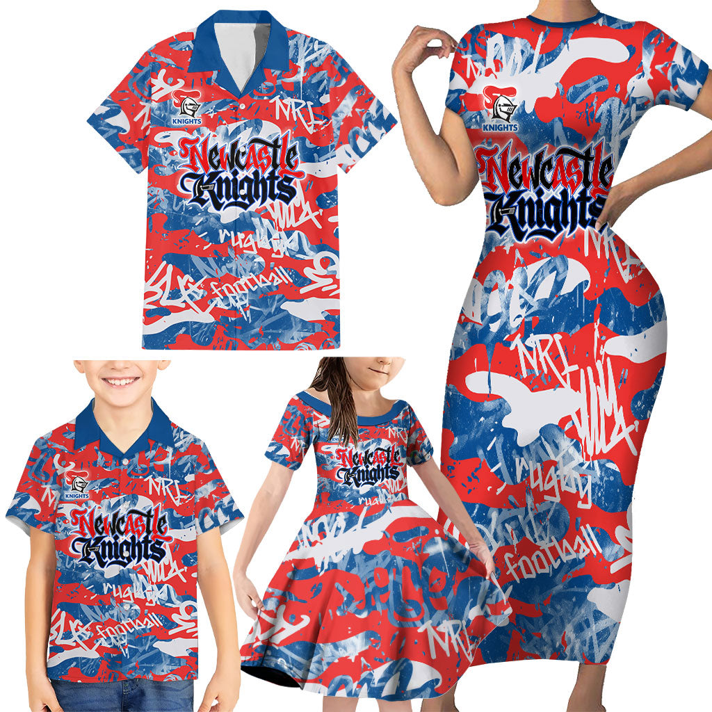 Newcastle Knights Rugby Family Matching Short Sleeve Bodycon Dress and Hawaiian Shirt Graffiti Typography Urban Camo Abstract Street Style
