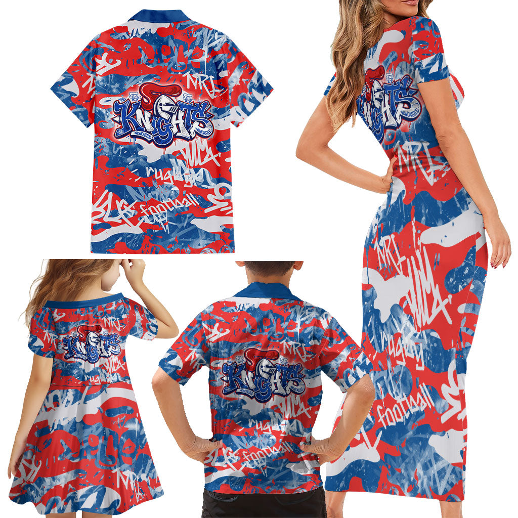Newcastle Knights Rugby Family Matching Short Sleeve Bodycon Dress and Hawaiian Shirt Graffiti Typography Urban Camo Abstract Street Style