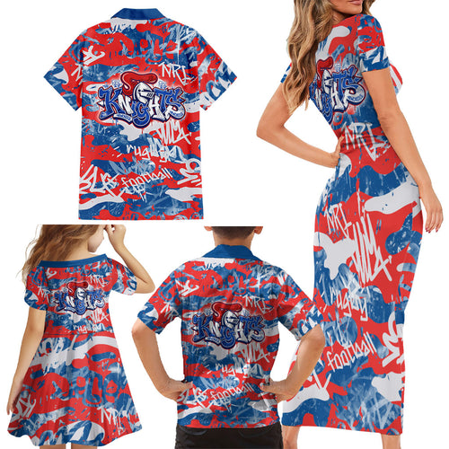 Newcastle Knights Rugby Family Matching Short Sleeve Bodycon Dress and Hawaiian Shirt Graffiti Typography Urban Camo Abstract Street Style