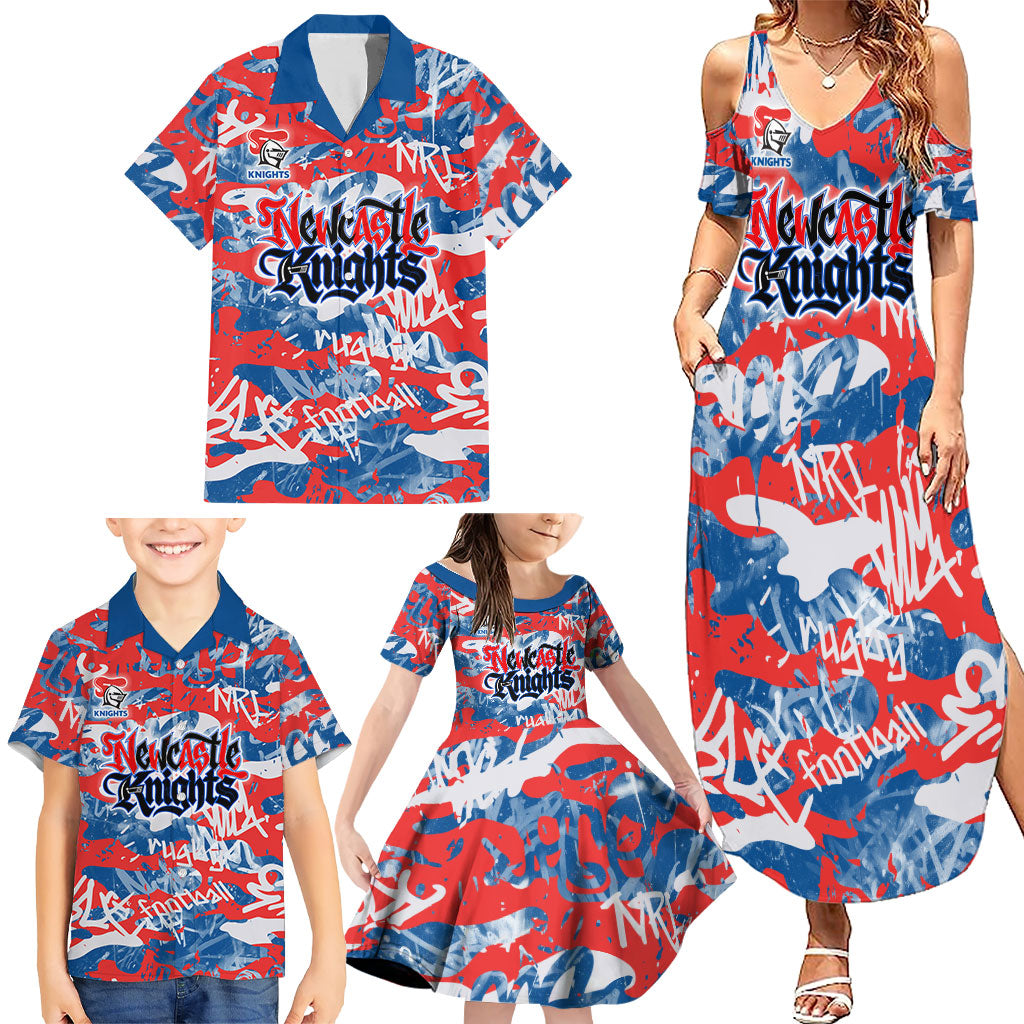 Newcastle Knights Rugby Family Matching Summer Maxi Dress and Hawaiian Shirt Graffiti Typography Urban Camo Abstract Street Style