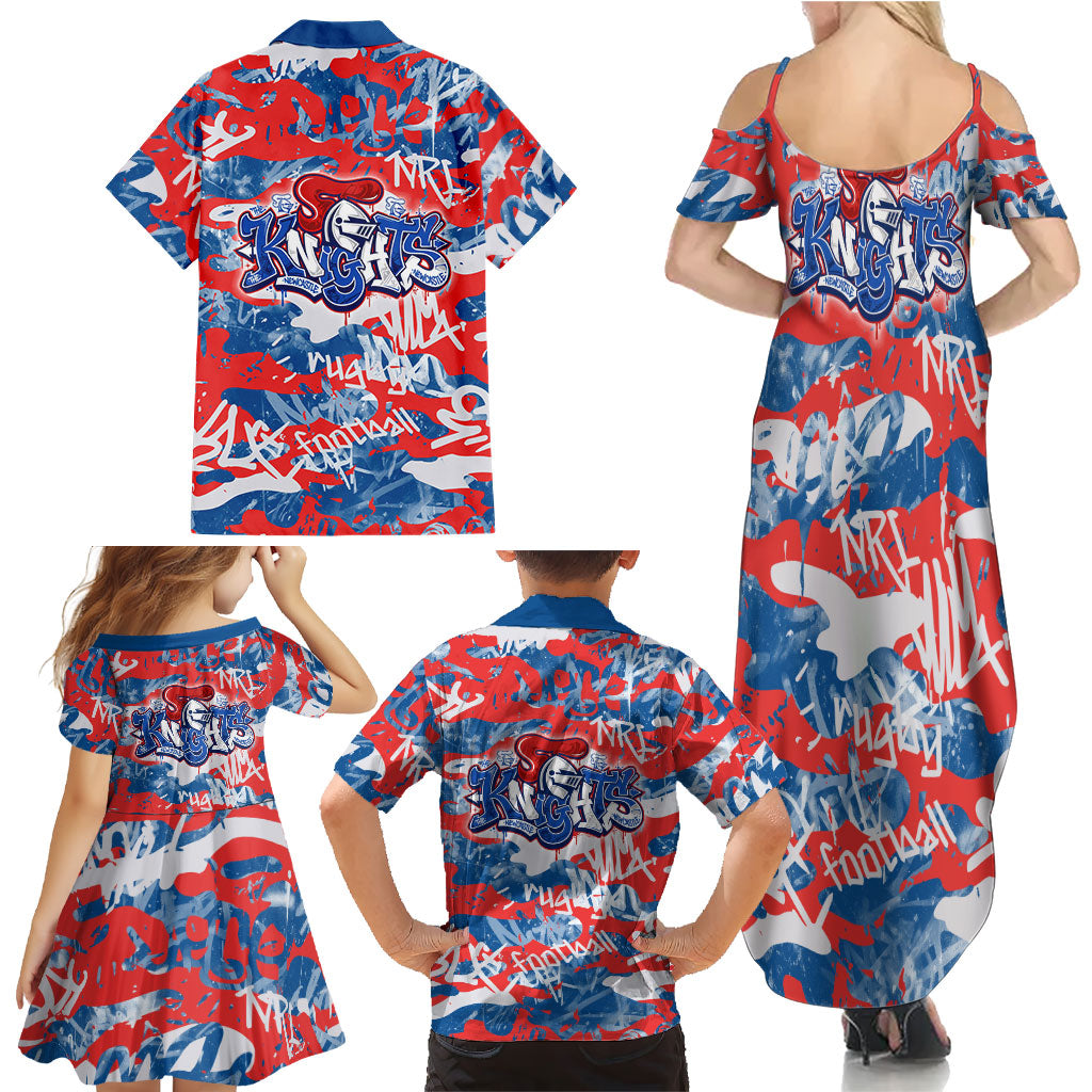 Newcastle Knights Rugby Family Matching Summer Maxi Dress and Hawaiian Shirt Graffiti Typography Urban Camo Abstract Street Style