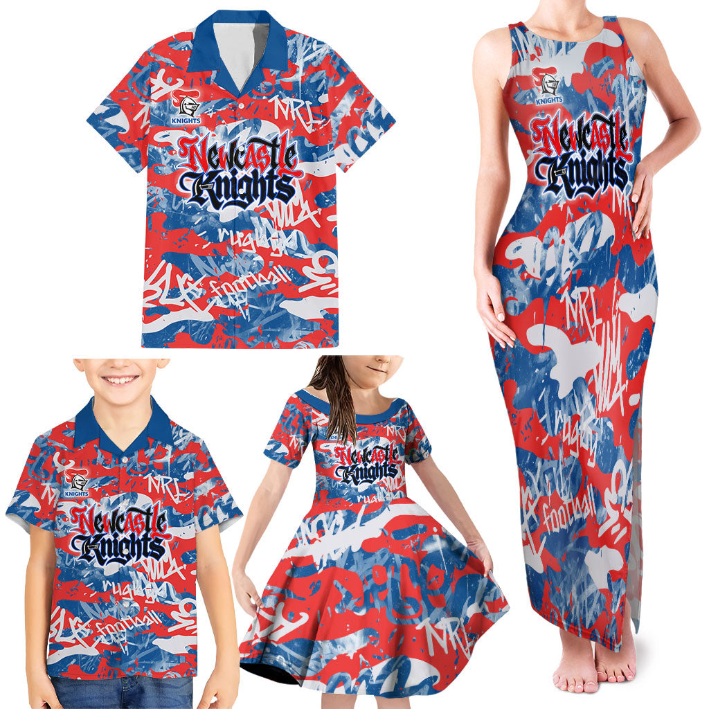 Newcastle Knights Rugby Family Matching Tank Maxi Dress and Hawaiian Shirt Graffiti Typography Urban Camo Abstract Street Style
