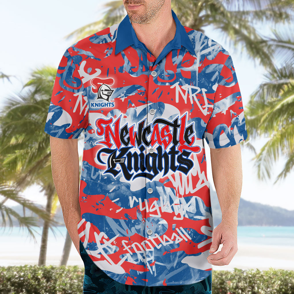 Newcastle Knights Rugby Hawaiian Shirt Graffiti Typography Urban Camo Abstract Street Style