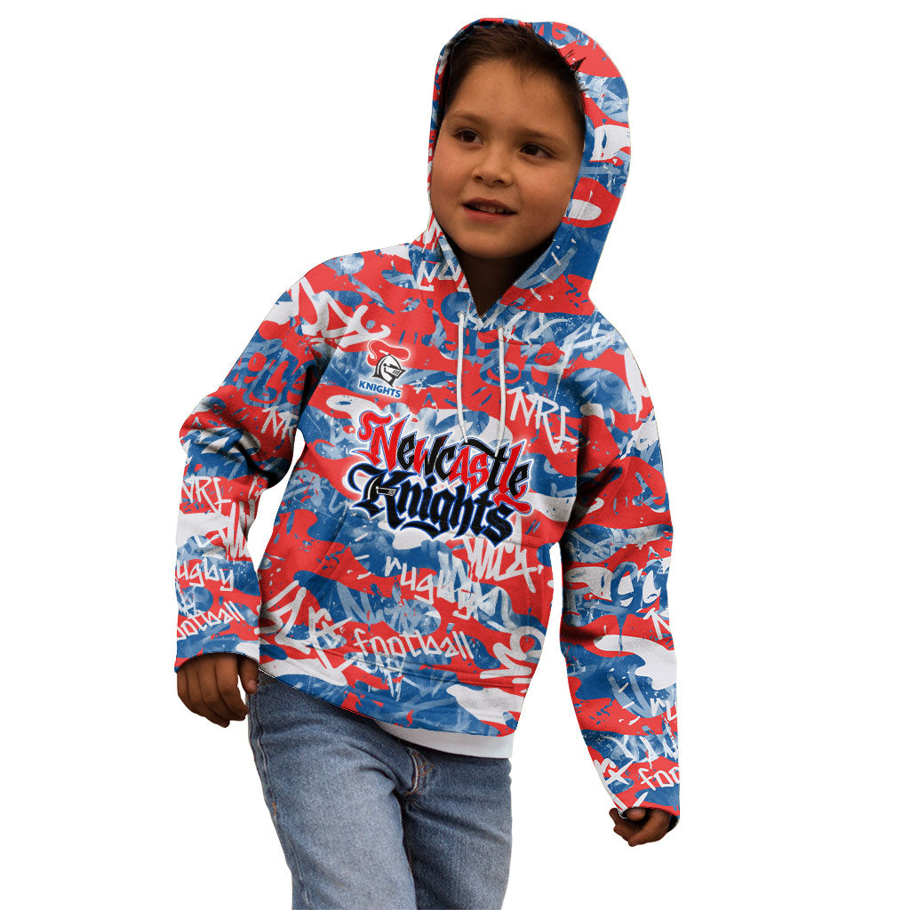 Newcastle Knights Rugby Kid Hoodie Graffiti Typography Urban Camo Abstract Street Style