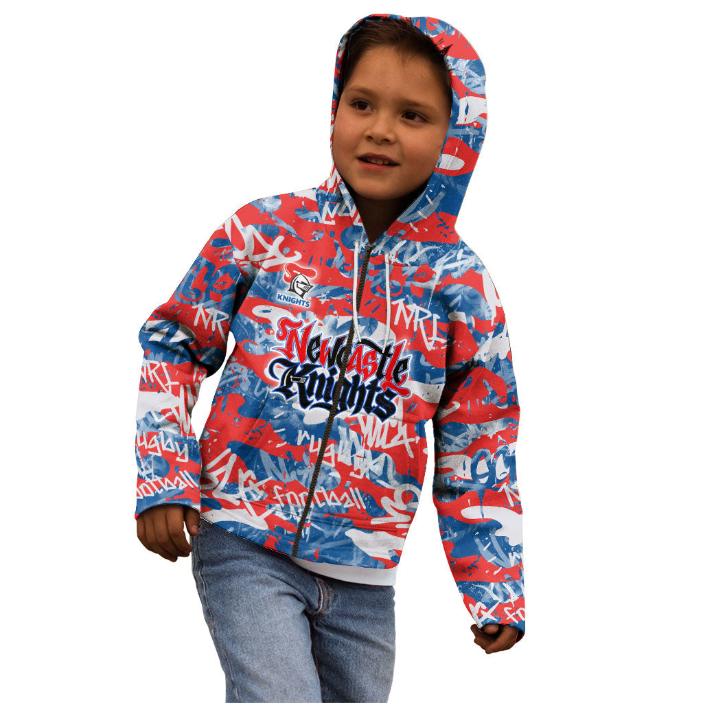 Newcastle Knights Rugby Kid Hoodie Graffiti Typography Urban Camo Abstract Street Style