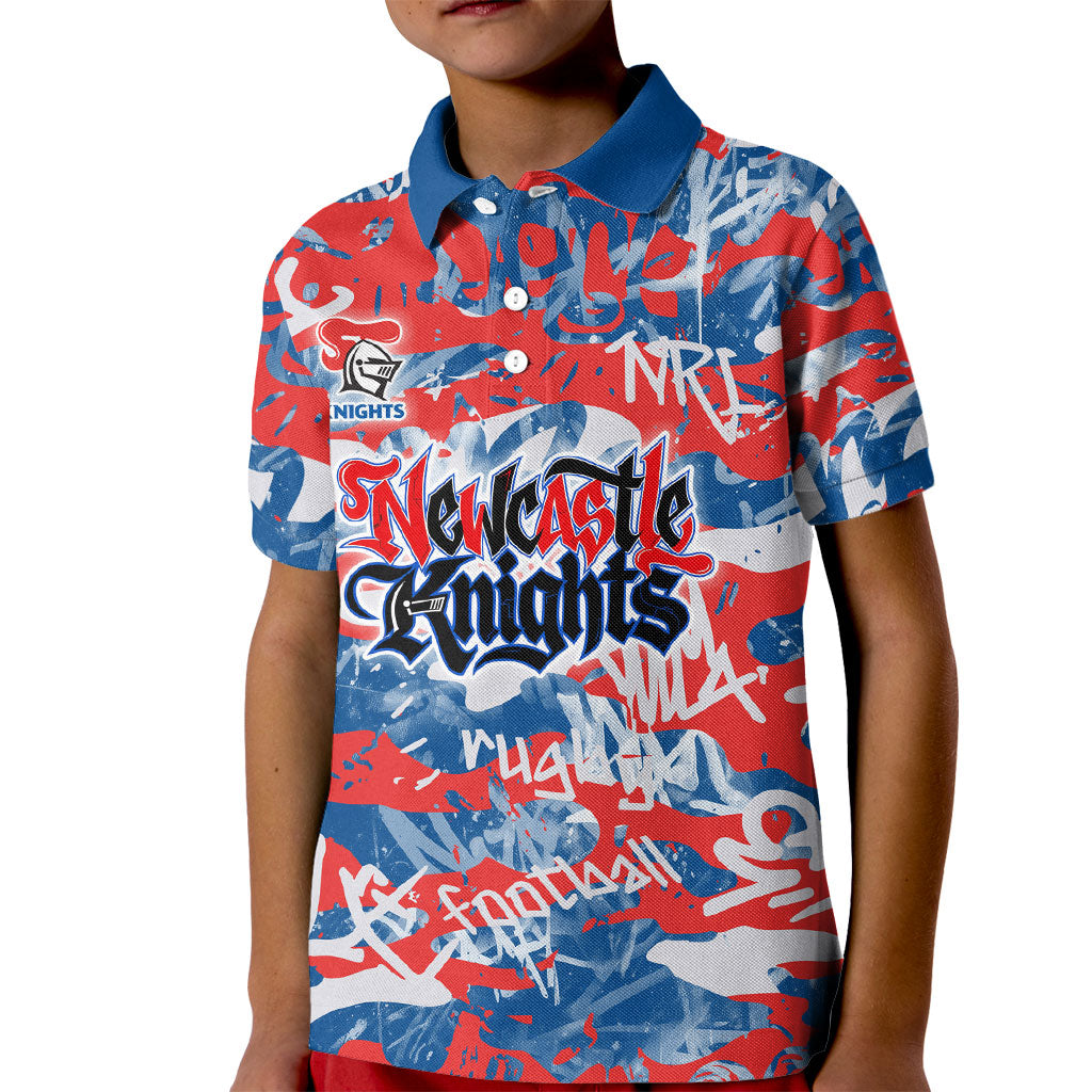 Newcastle Knights Rugby Kid Polo Shirt Graffiti Typography Urban Camo Abstract Street Style