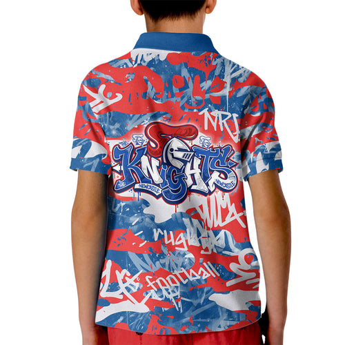 Newcastle Knights Rugby Kid Polo Shirt Graffiti Typography Urban Camo Abstract Street Style