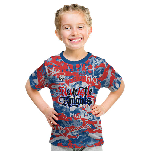 Newcastle Knights Rugby Kid T Shirt Graffiti Typography Urban Camo Abstract Street Style