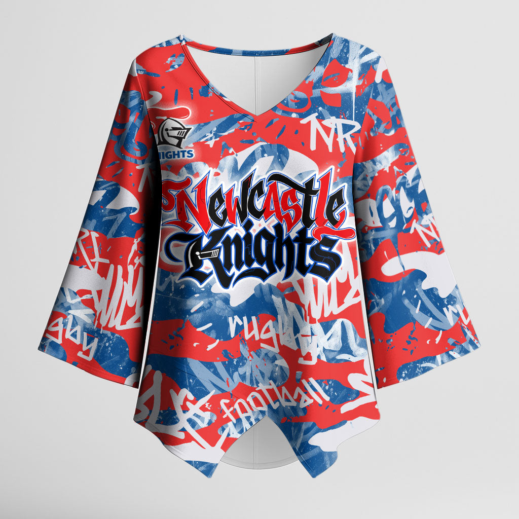 Newcastle Knights Rugby Kimono Sleeve Blouse Graffiti Typography Urban Camo Abstract Street Style