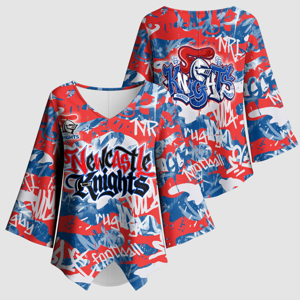 Newcastle Knights Rugby Kimono Sleeve Blouse Graffiti Typography Urban Camo Abstract Street Style