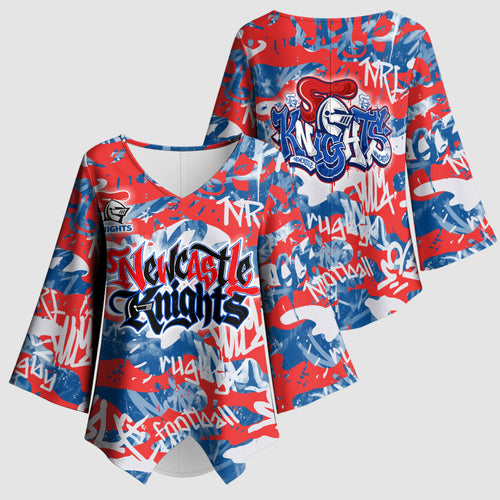 Newcastle Knights Rugby Kimono Sleeve Blouse Graffiti Typography Urban Camo Abstract Street Style