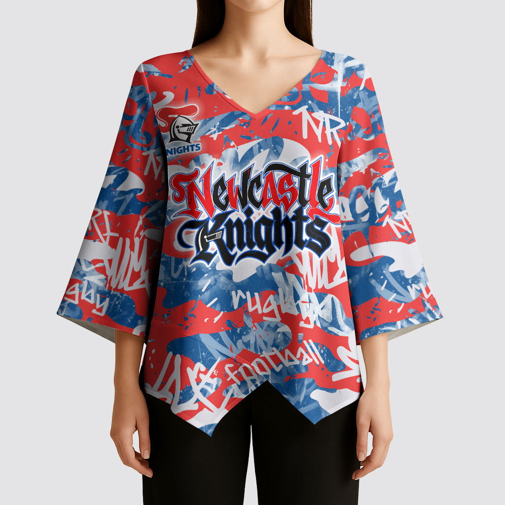 Newcastle Knights Rugby Kimono Sleeve Blouse Graffiti Typography Urban Camo Abstract Street Style