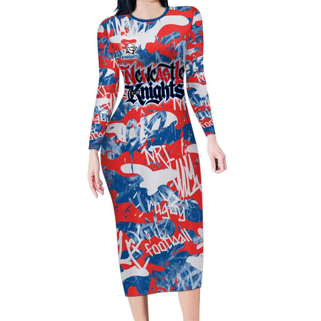 Newcastle Knights Rugby Long Sleeve Bodycon Dress Graffiti Typography Urban Camo Abstract Street Style