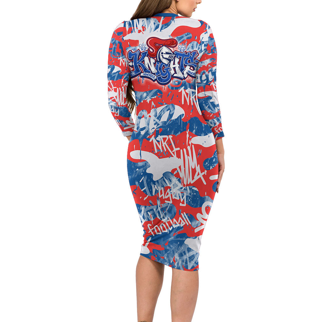 Newcastle Knights Rugby Long Sleeve Bodycon Dress Graffiti Typography Urban Camo Abstract Street Style