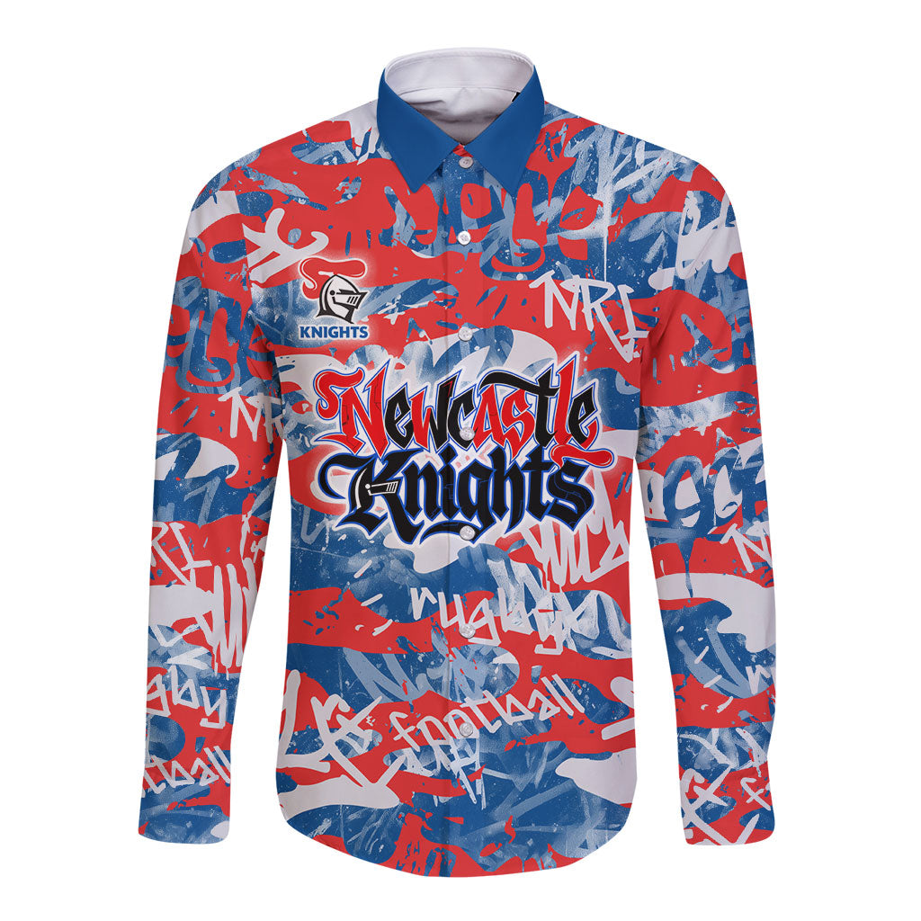 Newcastle Knights Rugby Long Sleeve Button Shirt Graffiti Typography Urban Camo Abstract Street Style