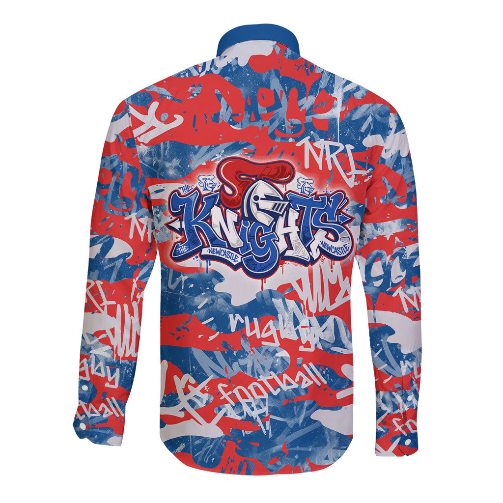 Newcastle Knights Rugby Long Sleeve Button Shirt Graffiti Typography Urban Camo Abstract Street Style