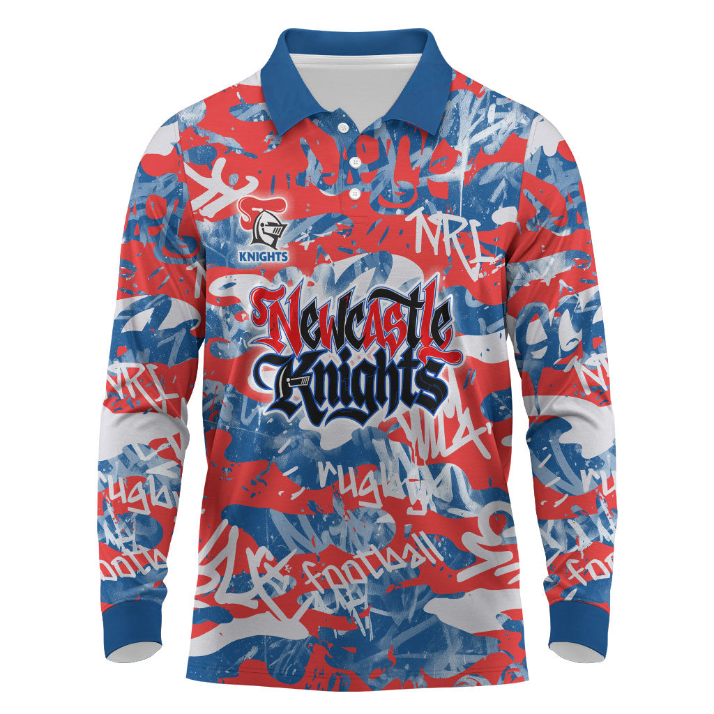 Newcastle Knights Rugby Long Sleeve Polo Shirt Graffiti Typography Urban Camo Abstract Street Style