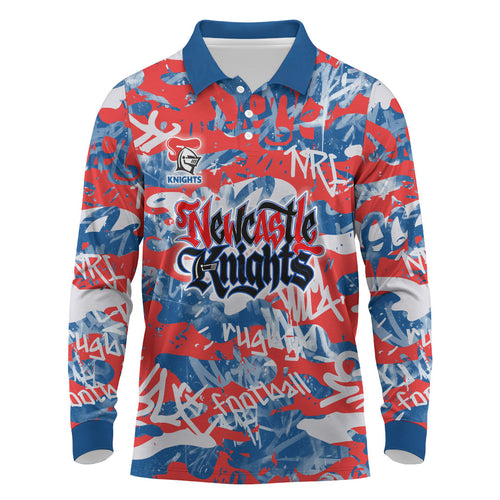 Newcastle Knights Rugby Long Sleeve Polo Shirt Graffiti Typography Urban Camo Abstract Street Style