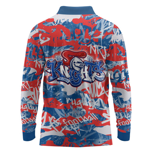 Newcastle Knights Rugby Long Sleeve Polo Shirt Graffiti Typography Urban Camo Abstract Street Style